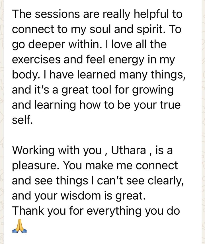 Message from a member: The sessions are really helpful to connect to my soul and spirit. To go deeper within. I love all the exercises and feel energy in my body. I have learned many things, and it's a great tool for growing and learning how to be your true self.