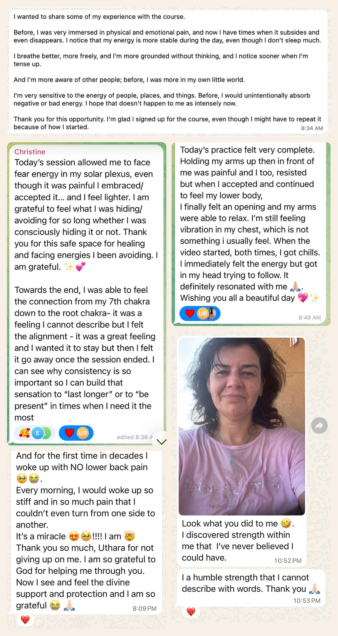 Screenshots of real member messages describing their experience in the Inner Bloom Circle, including releasing years of tension, feeling energy and chills during practice, and waking up without lower back pain for the first time in decades