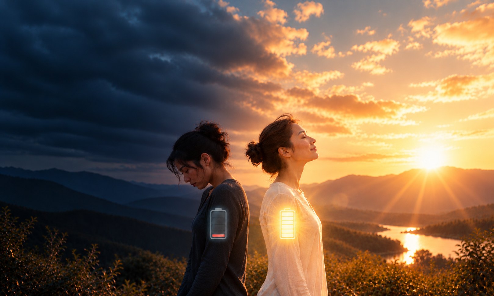 Two women standing back to back at sunset: one tired with a nearly empty battery, the other glowing with a fully charged one