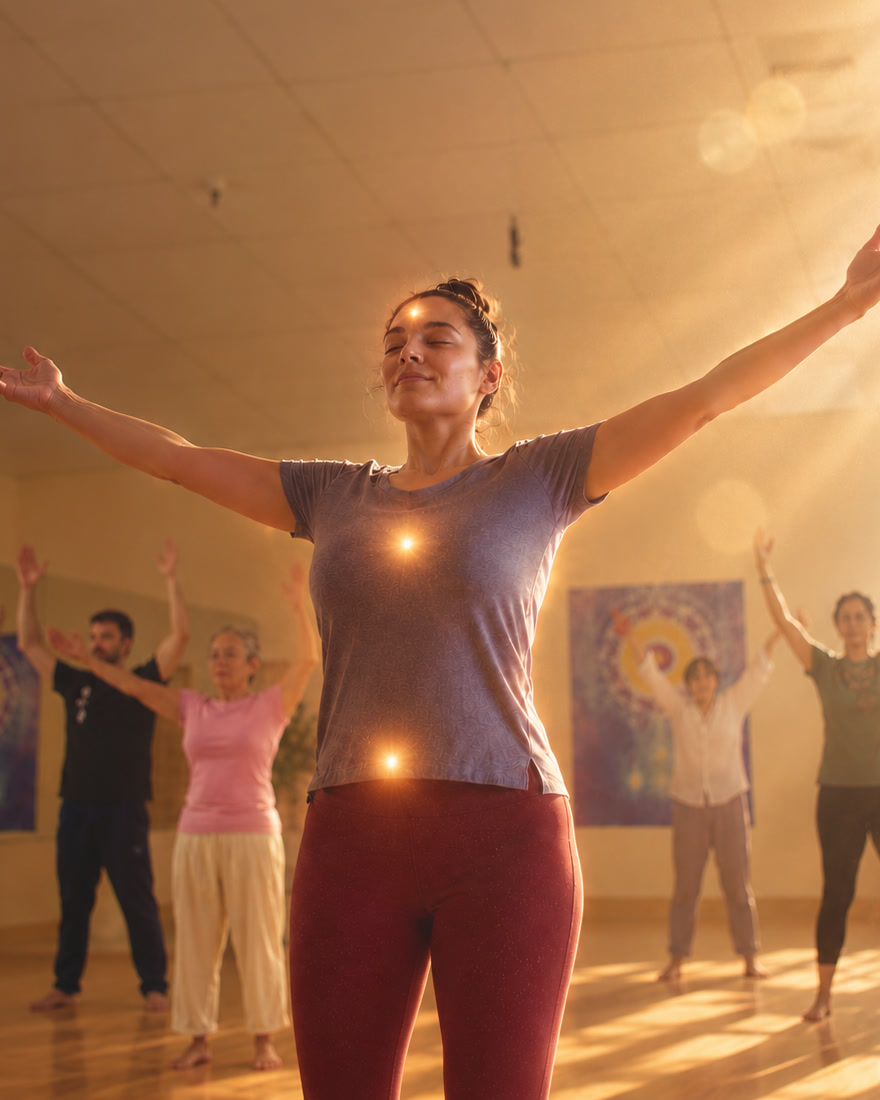 Woman with arms open wide in a sunlit Body & Brain class, energy points glowing along her body